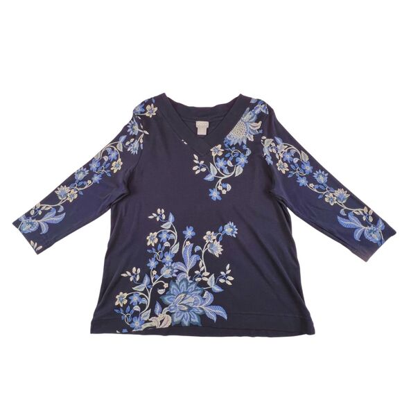 Chico's Tops - Chicos Top 2 Large Midnight Blue Artisan Floral V Neck Resort Wear Chic Blouse